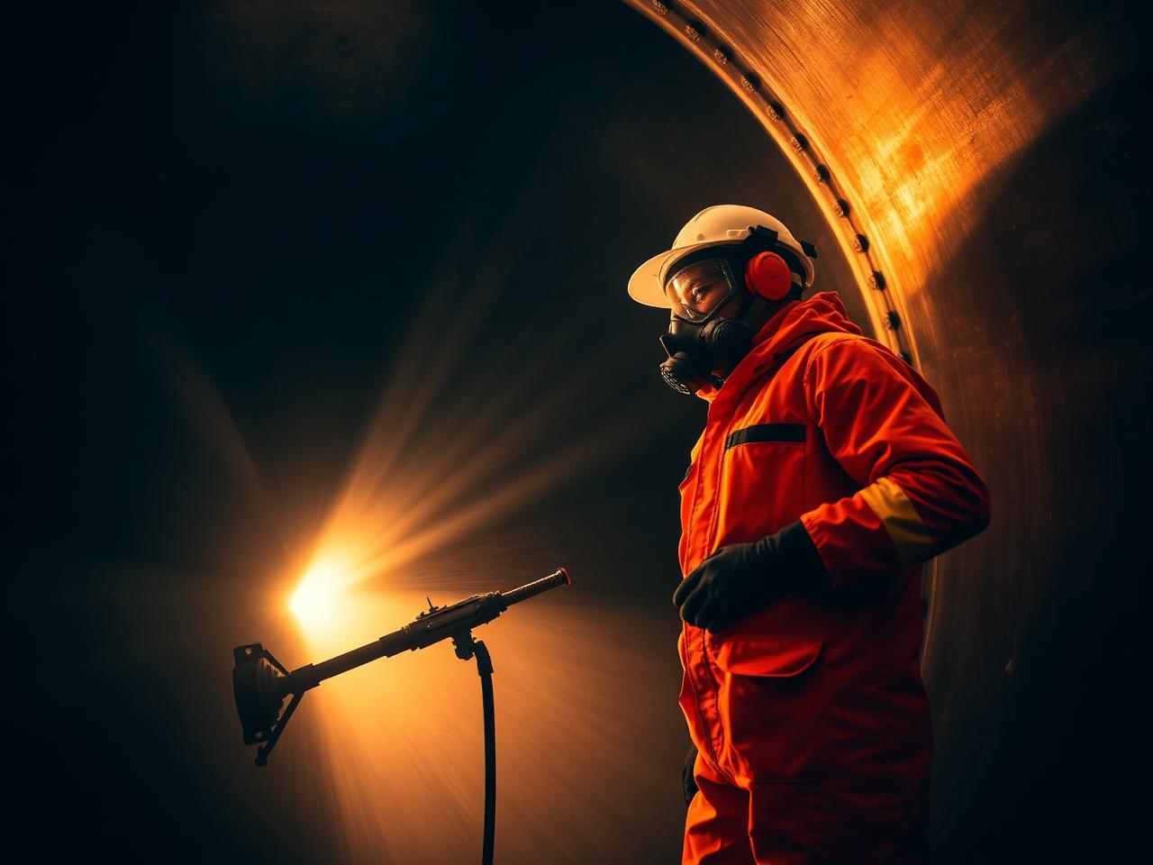 Technician in protective equipment cleaning the interior of a storage tank